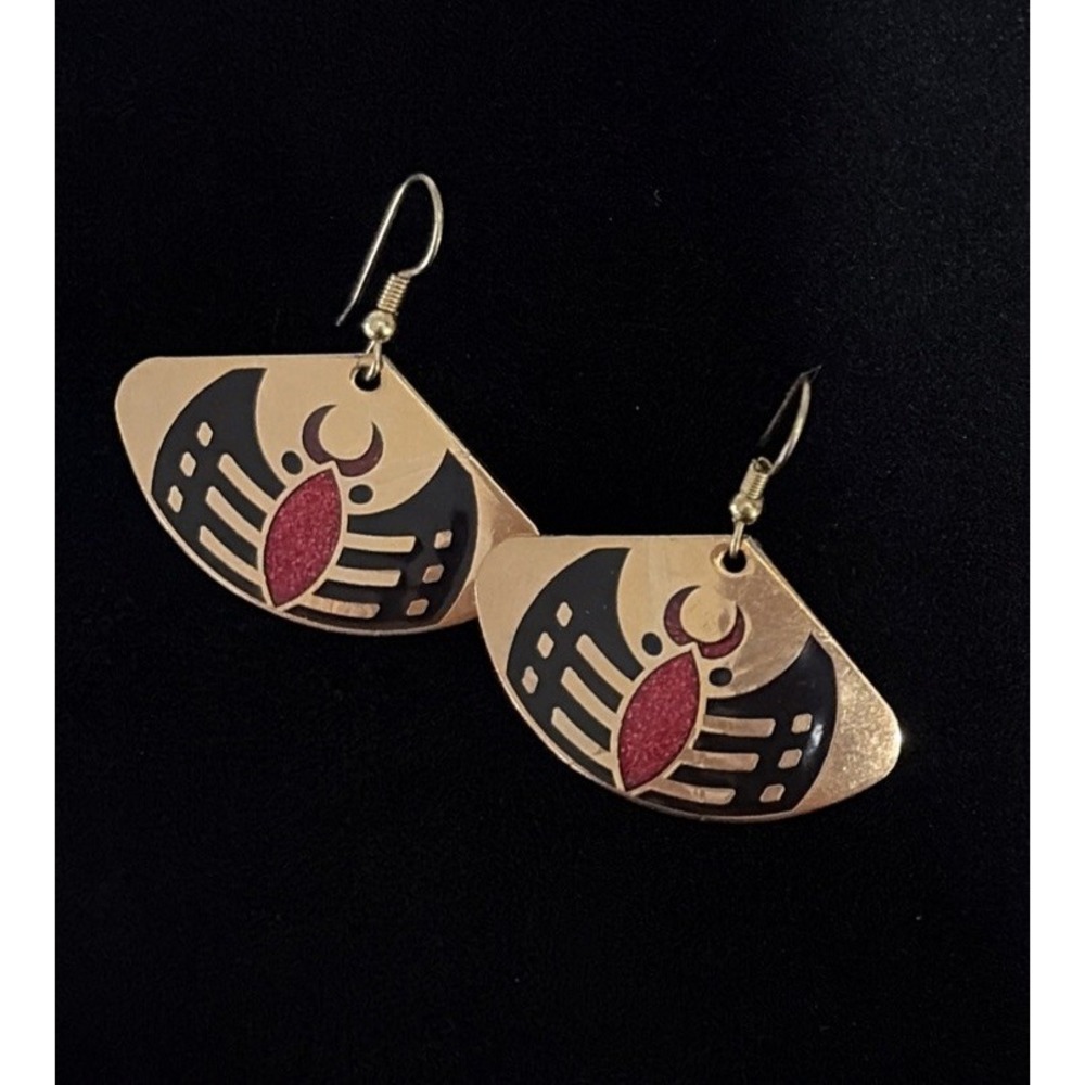 VTG 1980s Laurel Burch Cloisonne Fan Earrings, Gold Tone Red Scarab Beetle Motif
